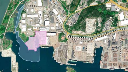 Aerial view of the Port of Gothenburg detailing the land to the west of the facility that has been acquired.