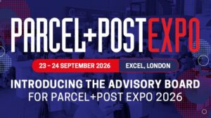 Parcel+Post Expo log in white and red texton on a blue background, with details of this year's event written in white underneath.