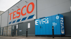 Blue Evri locker outside a large Tesco store.