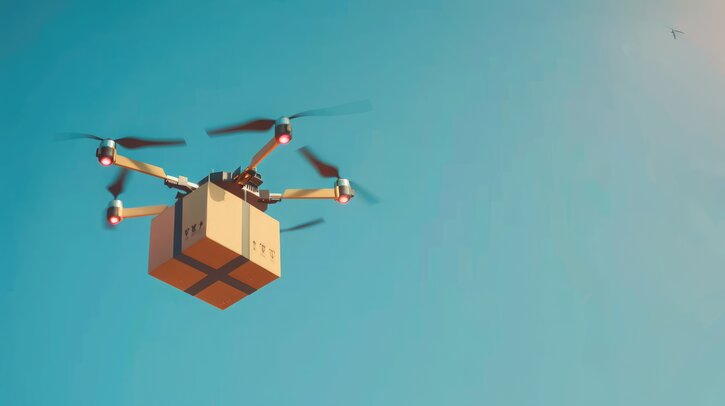 close-up of a delivery drone carrying a parcel against a clear blue sky, showcasing modern logistics technology.