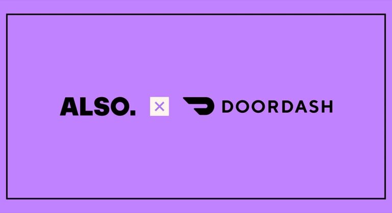 DoorDash and Also logos on a pink background.
