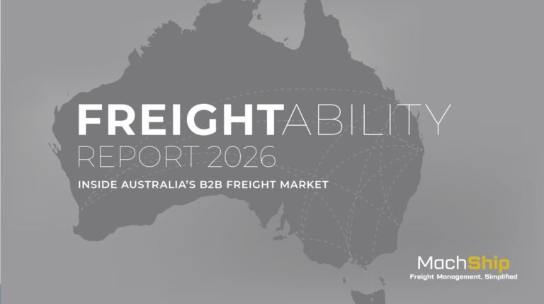Report finds express deliveries in Australia increasingly missing deadlines The Freightability Report 2026 from MachShip on a grey map of Australia.