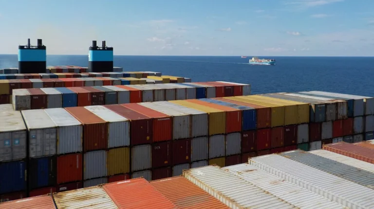 Maersk launches FI2 ocean service to boost India-China trade connectivity A large container port with a ship on the sea in the background on a sunny day.