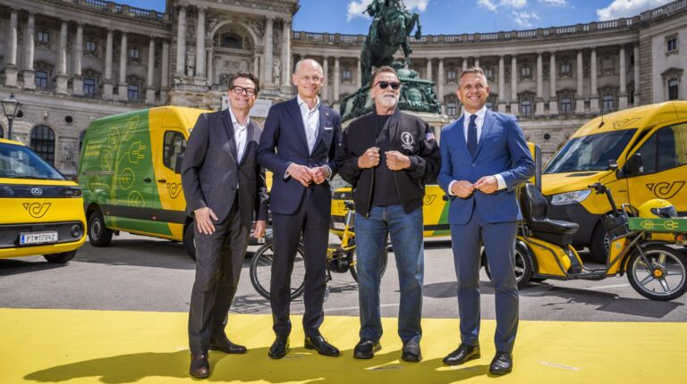 Arnold Schwarzenegger launches Austrian Post’s 100% EV fleet in Vienna Arnold Schwarzenegger, Walter Oblin, Wolfgang Hattmannsdorfer and Jürgen Czernohorszky seen in Vienna, Austria on June 15, 2026 during an event hosted by Austrian Post. Credit: Philip Platzer