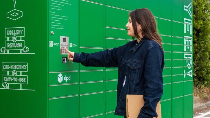 Yeep! and Places for London to roll out lockers across UK transportation network A woman in a dark blue jacket and a white shirt opens a unit at a bank of green Yeep! lockers.