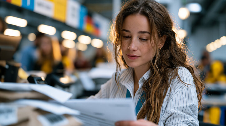 Cross-border e-commerce customs broker at crowded international freight terminal reviews declaration paperwork