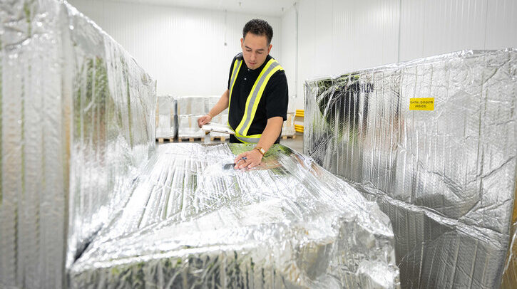UPS invests US$48m in temperature-controlled freight cross-dock facilities A UPS worker moves a piece of freight in a temperature-controlled freight cross-dock facility.