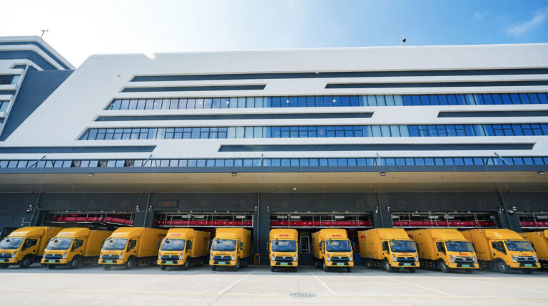 DHL expands international express logistics capacity in China Exterior of the expanded DHL Shenzhen "Super Gateway, with a row of yellow delivery vans parked outside.