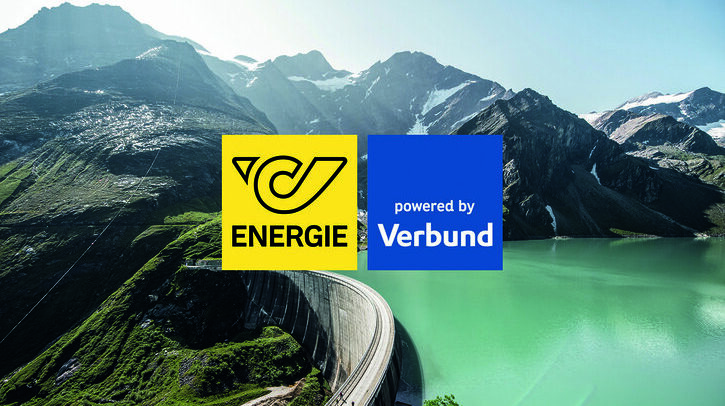 Austrian Post and Verbund to launch energy services at post offices Mountain landscape with Austrian Post Energie and Verbund logos