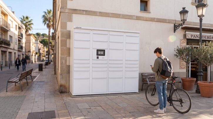 OPINION: Building flexibility into Europe’s next locker networks Man on bike stopped outside a parcel locker.