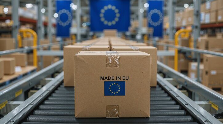 EU approves major customs overhaul as e-commerce parcel volumes surge Parcels on conveyor belt with EU flag in background.