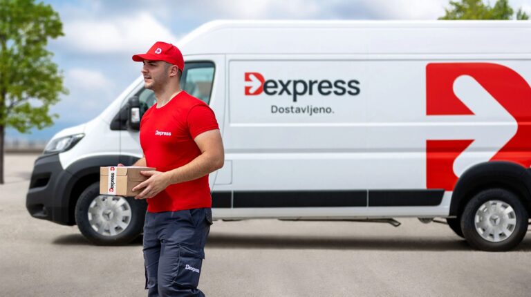 Delivery man in red shirt with parcel, D Express van in background